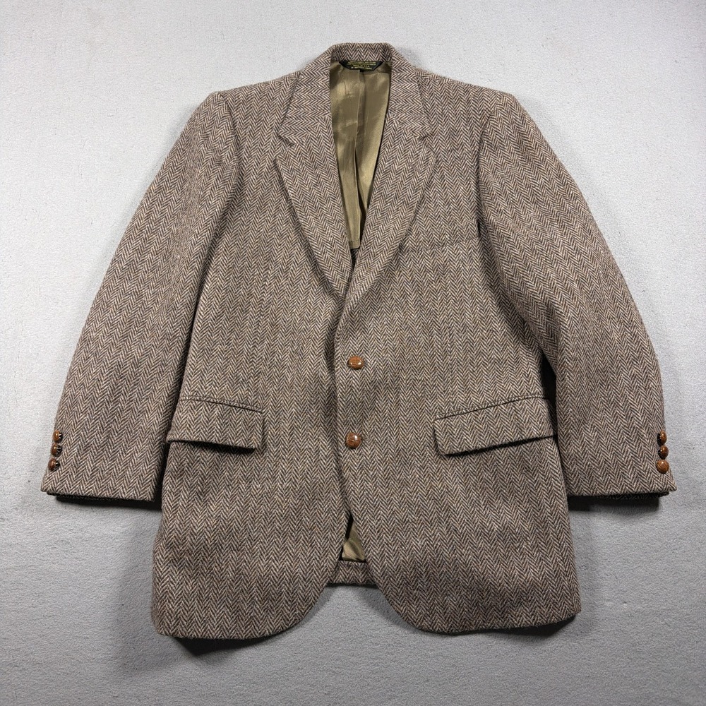 Vintage Harris Tweed Stafford Blazer Men 40R Brown Herringbone Wool Sport Coat